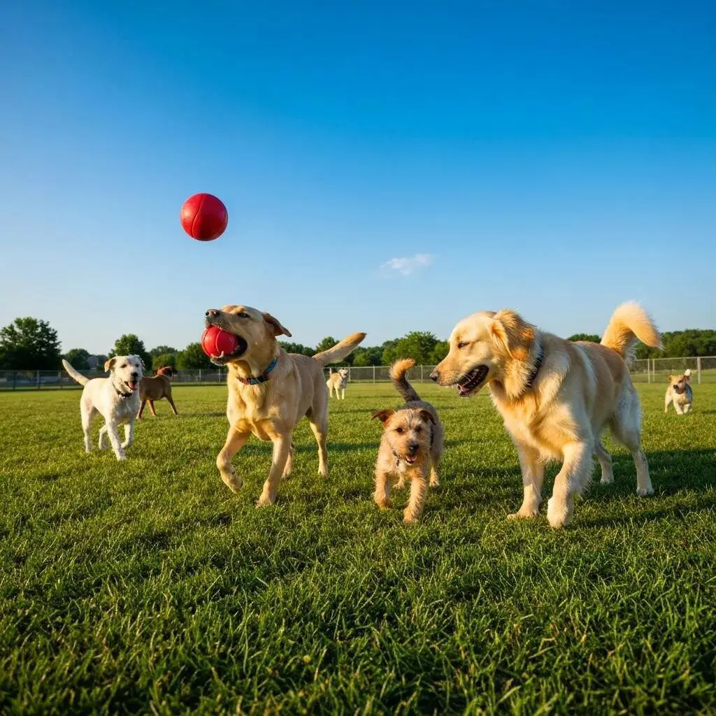 Dogs playing in a sunny dog park in Columbus, showcasing various breeds enjoying off-leash play