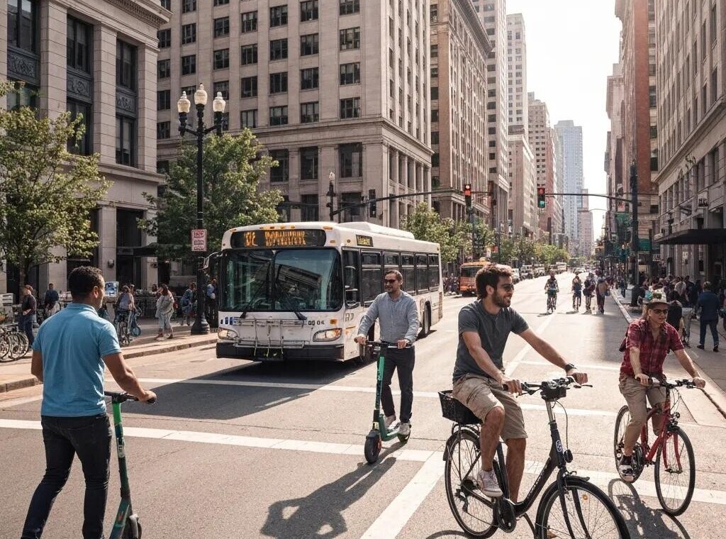 Diverse transportation options in Columbus, including buses, e-scooters, and bicycles in an urban setting