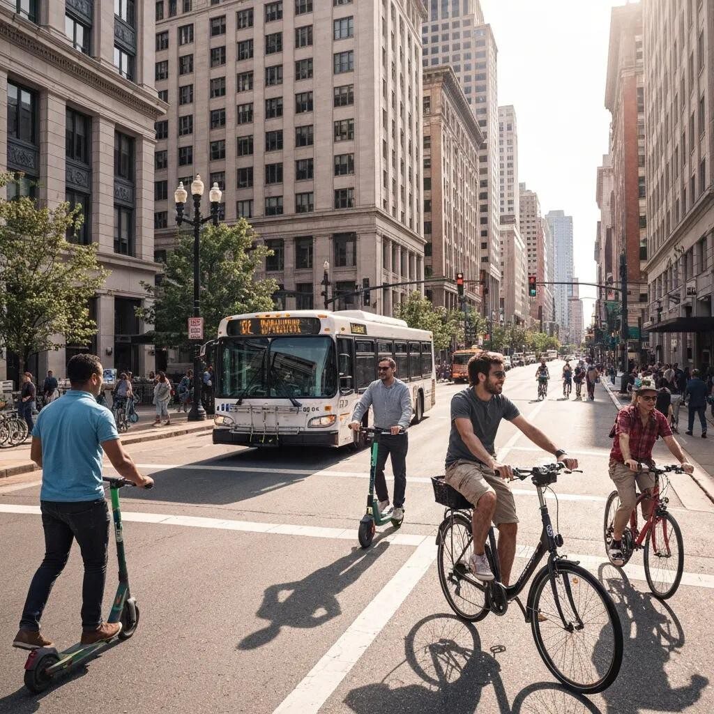 Diverse transportation options in Columbus, including buses, e-scooters, and bicycles in an urban setting.