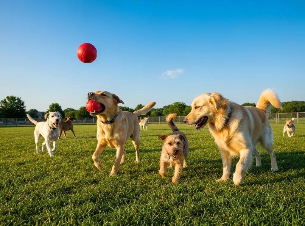 Dogs playing in a sunny dog park in Columbus, showcasing various breeds enjoying off-leash play