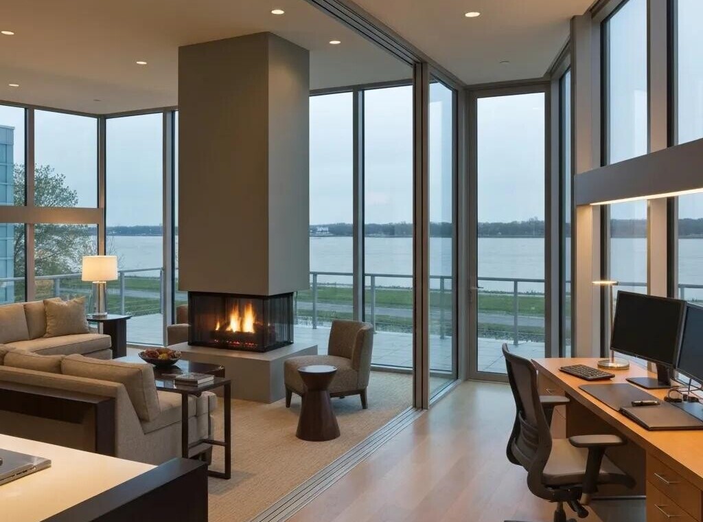 Luxurious corporate apartment in Columbus, Ohio, featuring a stylish living room and workspace