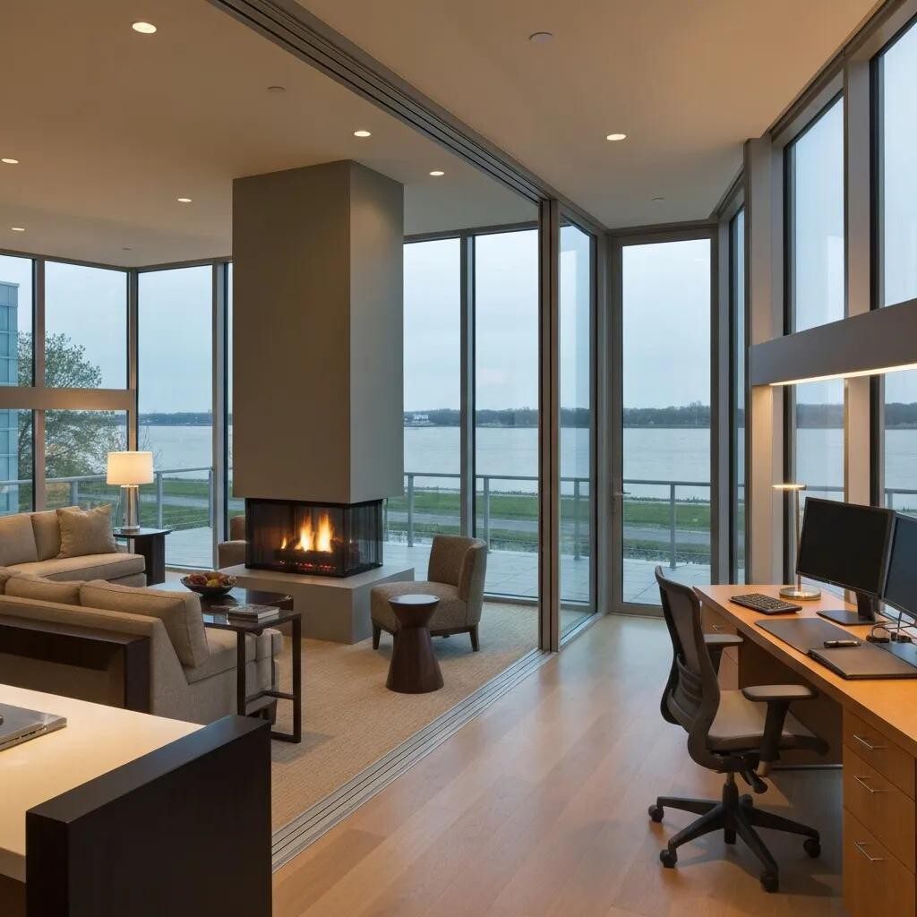 Luxurious corporate apartment in Columbus featuring a stylish living room with a cozy fireplace, modern workspace, large windows with river views, and mid-century modern decor.