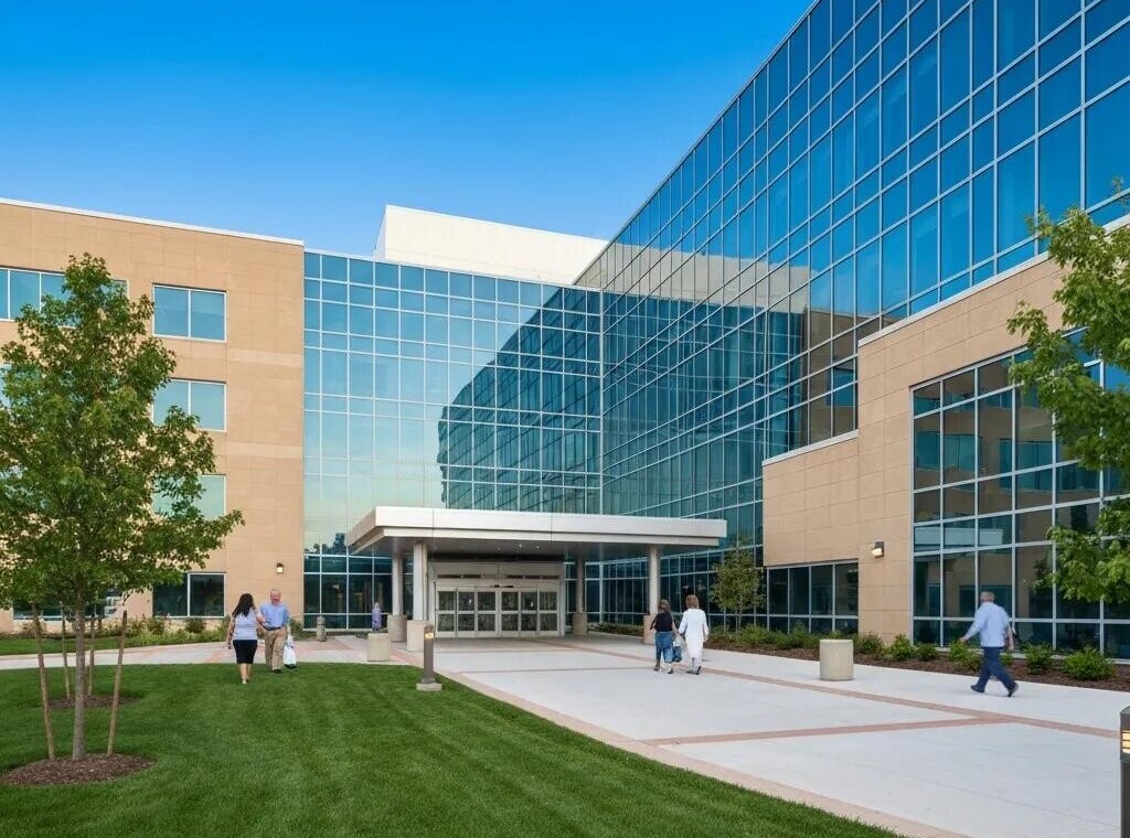 Modern hospital exterior in Columbus, Ohio, highlighting healthcare accessibility and community engagement