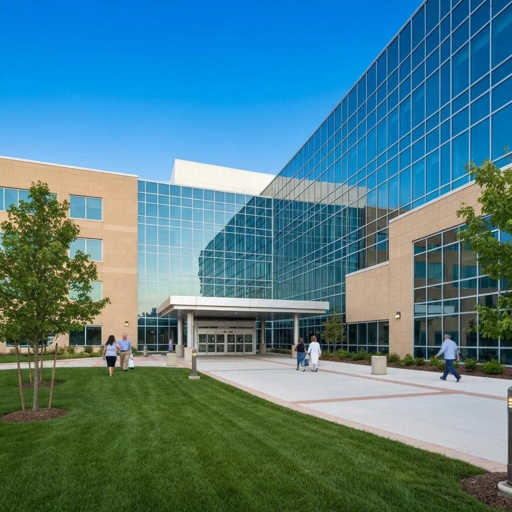 Modern hospital exterior in Columbus, Ohio, showcasing healthcare accessibility with glass façade and landscaped entrance, featuring visitors approaching the main entrance.