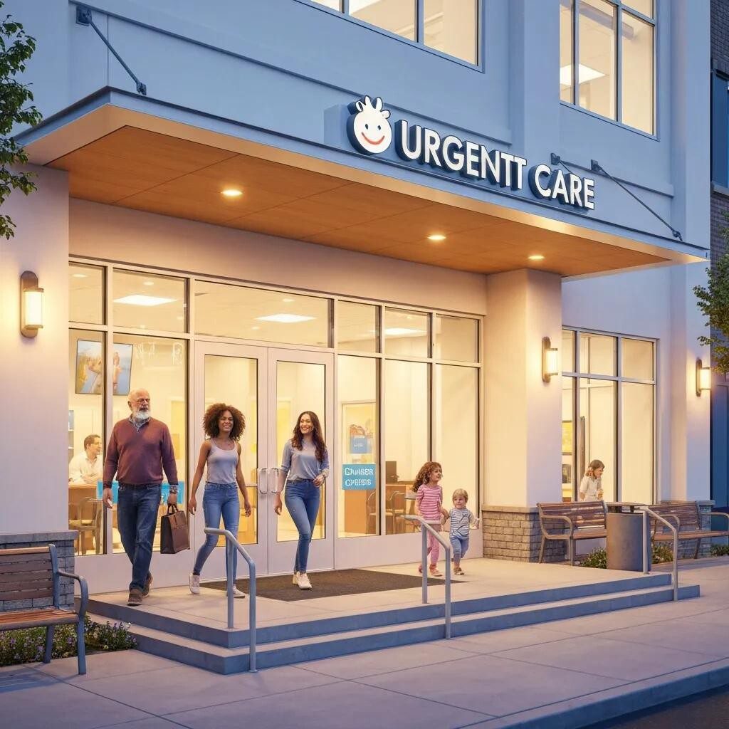 Modern urgent care clinic exterior in Columbus with families exiting, showcasing accessibility and community focus.