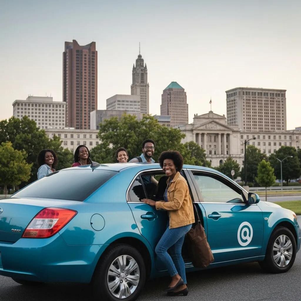 Group of five passengers smiling around a blue rideshare vehicle in Columbus, Ohio, with city skyline in the background, highlighting convenient local transportation options.