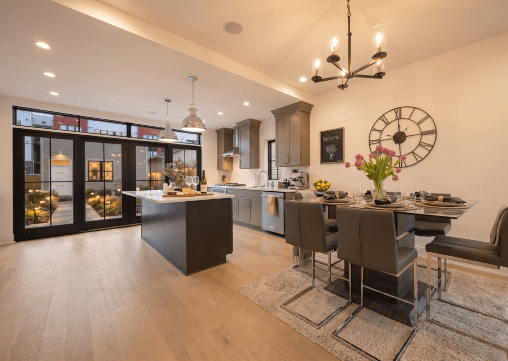 Modern kitchen and dining area in a vacation rental, featuring a large island with snacks, elegant dining table set for four, stylish decor, and large windows overlooking a garden.